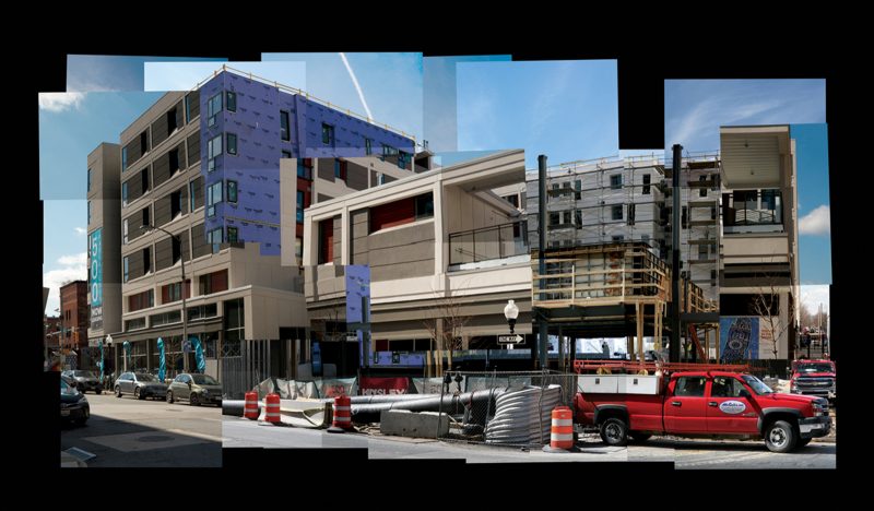 Collage of a building in different stages of development from start to finish forming the final shape of the building.