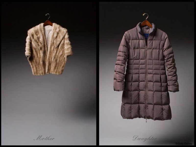 Two panel photograph of coats, on the left a fur coat, on the right a long down jacket.