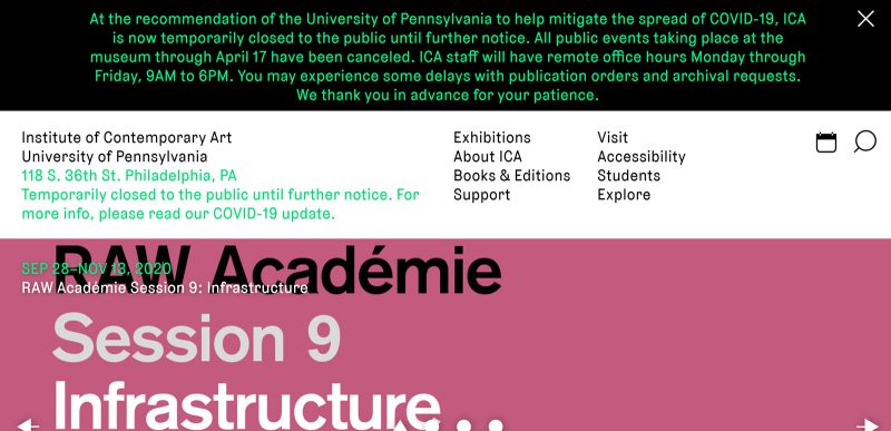 Screenshot of the Institute of Contemporary Art's website with an alert (copied in the image caption)