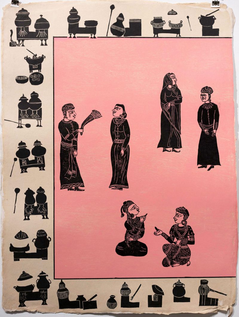 Print of 3 groups of 2 people conversing. The two in the front are sitting. On paper with a pink background and a border with pottery and more people.