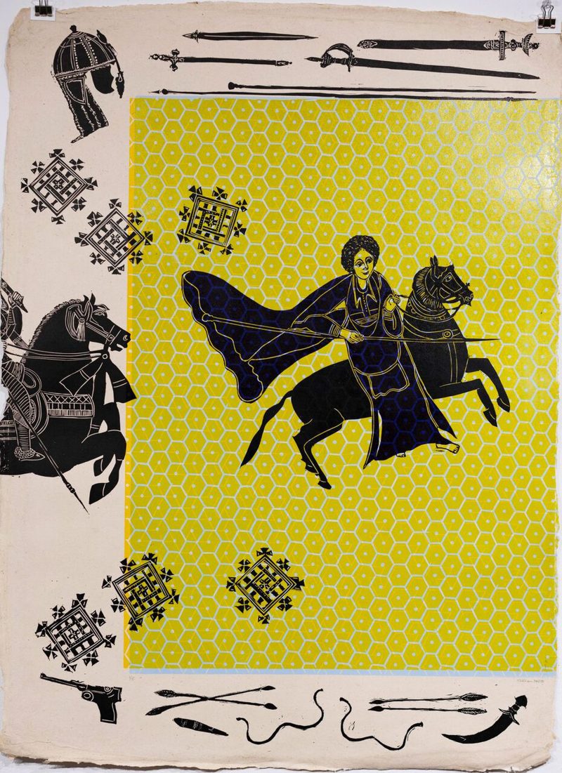 Print of a woman riding a horse holding a sword, with another horse following behind. On paper with a lime green background and decorative swords on the border.