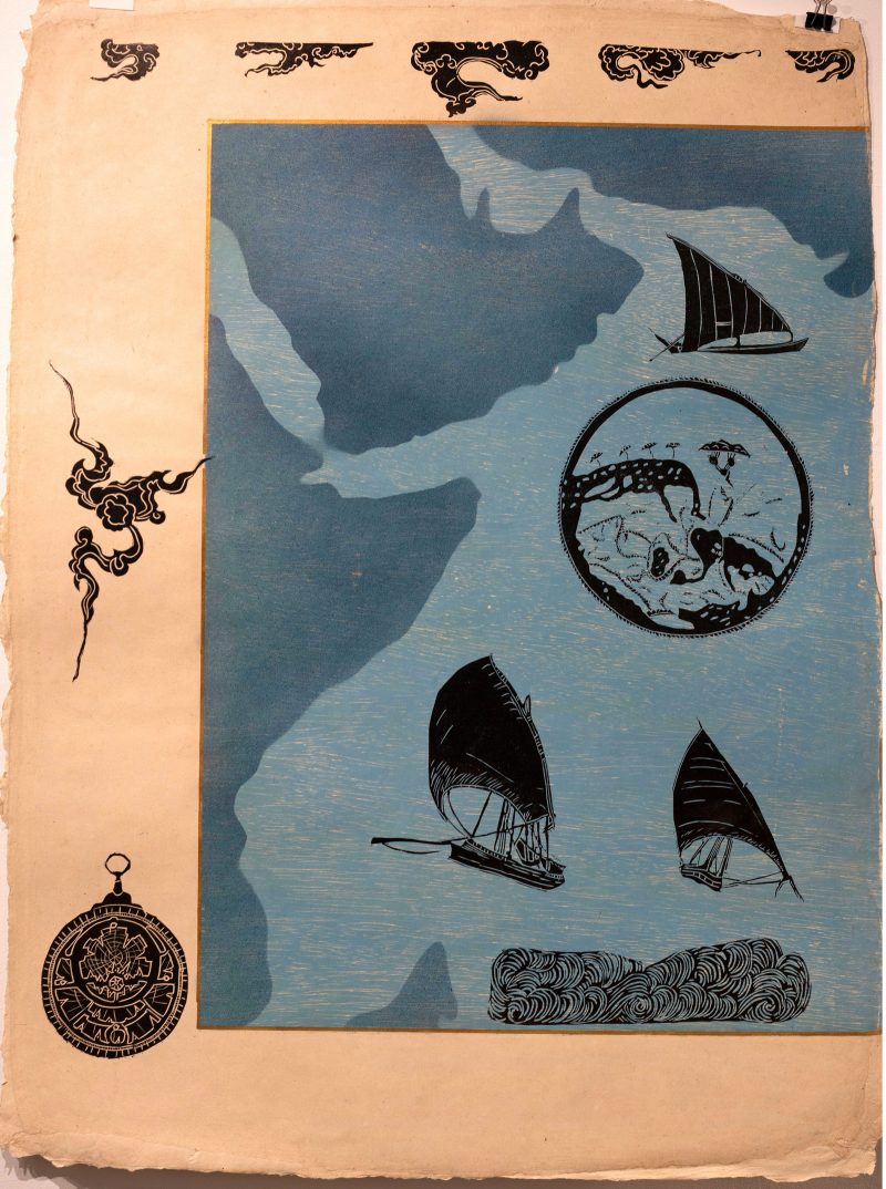 Print of boats on a light blue and dark blue graphic seascape with a other geographic symbols around the border.