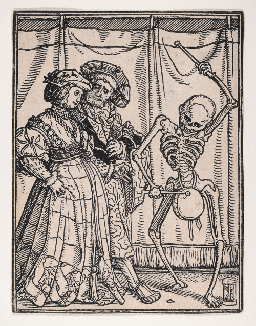 Ink print of a couple walking arm in arm as a skeleton dances and plays a percussion instrument as they pass.