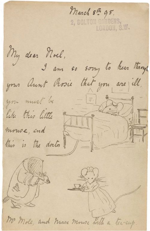 Letter from the book with a drawing of a sick ouse and two mouse doctors.