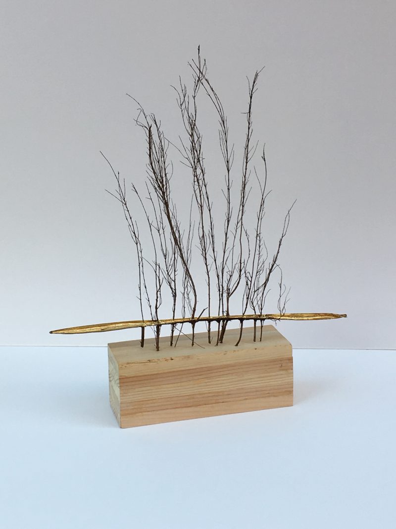 Wooden block with branches coming out of it elevating a long mini boat