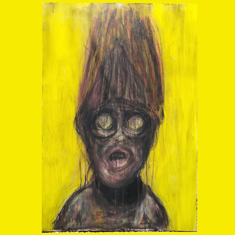 Screaming figure with hair standing up straight on a yellow background