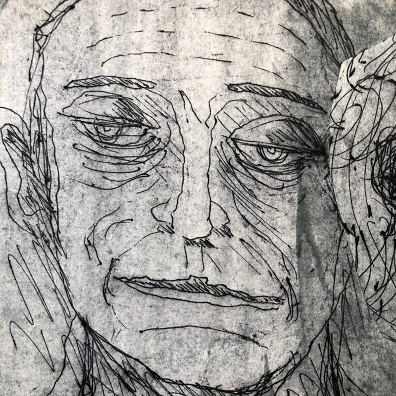 Line drawing of a face with a neutral and semi sad looking expression.
