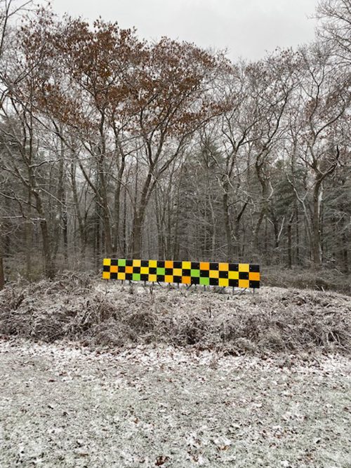 Checkered pattern alternating black and colors on a long rectangular panel installed outdoors in a tree clearing.