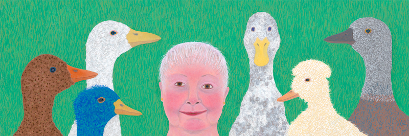 Painting of Linda in the center of a 6 ducks, on a long horizontal rectangular surface. 