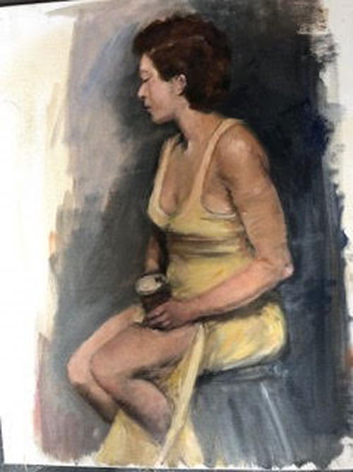 Figure painting of a woman in a yellow dress holding a can of soda sitting on a stool.