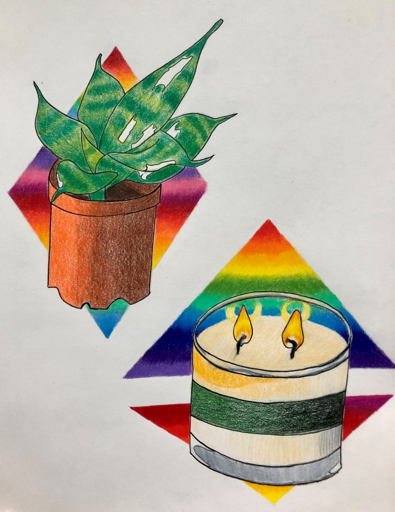Painting of a plant and a candle on top of rainbow colored triangles on a white background.