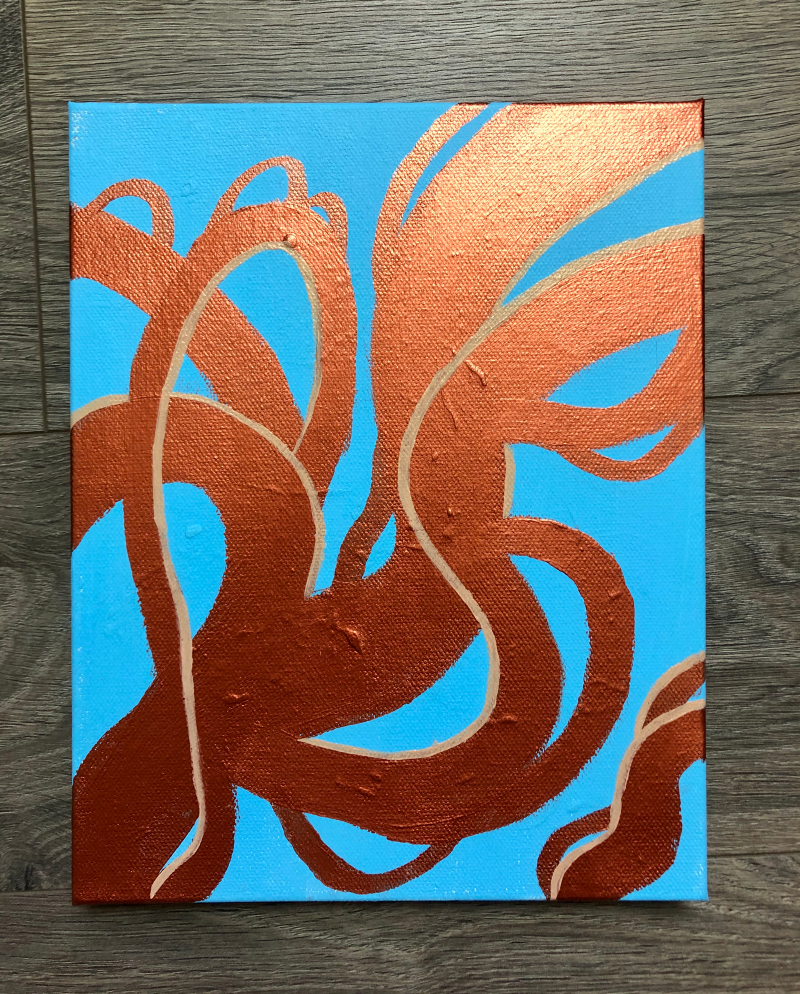 Painting with a blue background and copper colored swirly organic lines.
