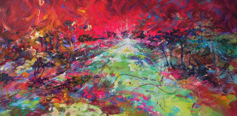 Abstract painting of flowers and color fields of pink and green.