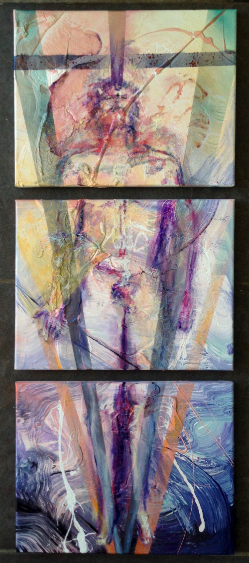 Triptych painting of jesus on the cross in panel colors.
