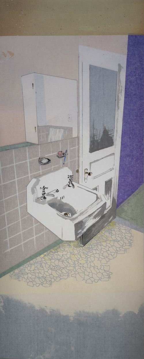 Long vertical drawing of a bathroom sink, mirror, and door.