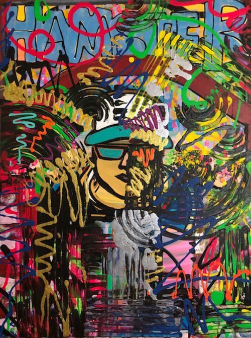 Colorful abstract painting with graffiti like elements and a man wearing a hat and sunglasses.