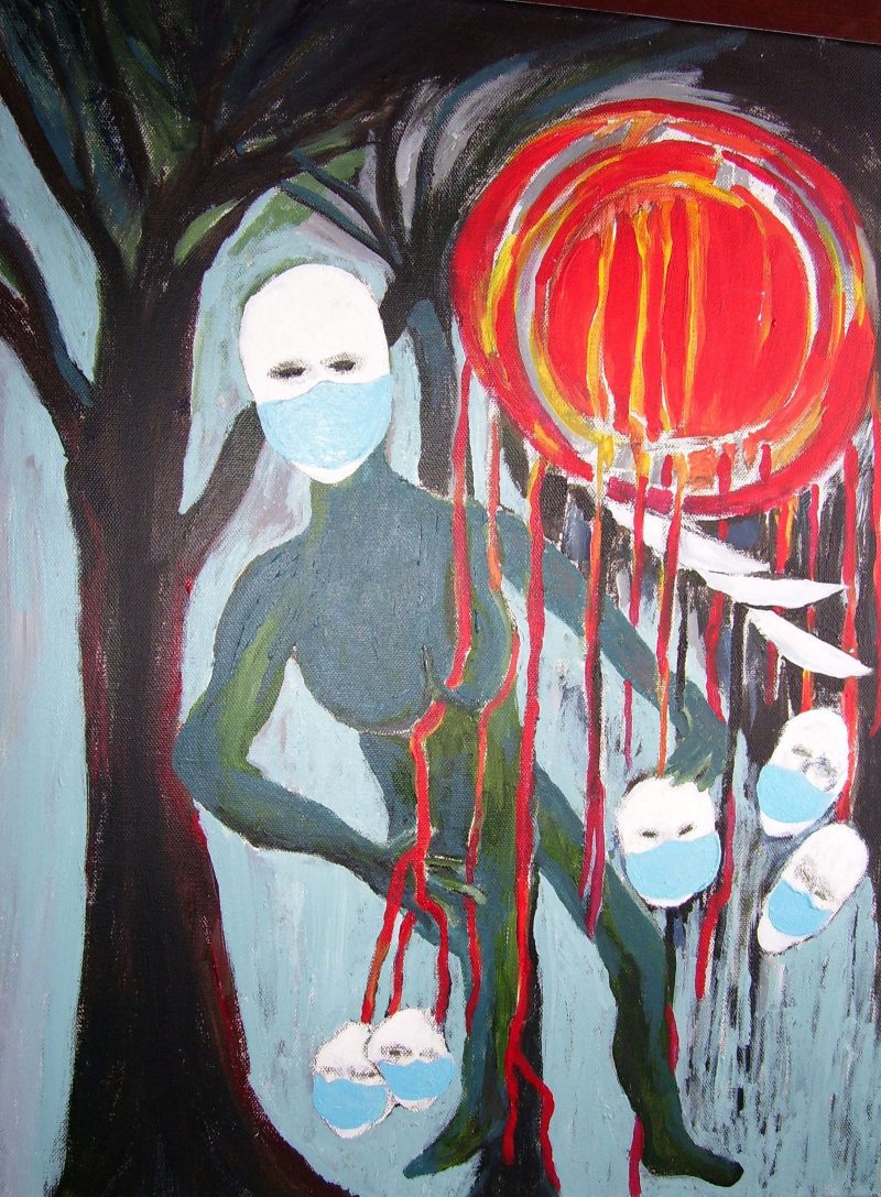Abstract figure painting of a man wearing a mask next to a big red sun with three more masked man's heads in his left hand. 