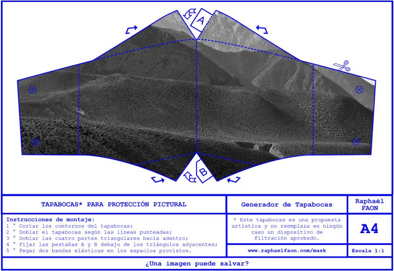 Blueprint for a mask with a photo of the mountains.