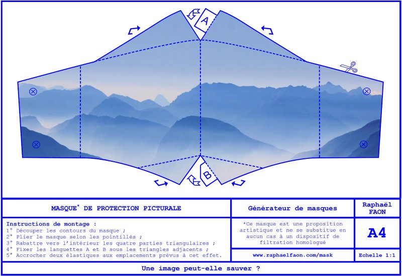 Blueprint for a mask with a photo of the mountains.