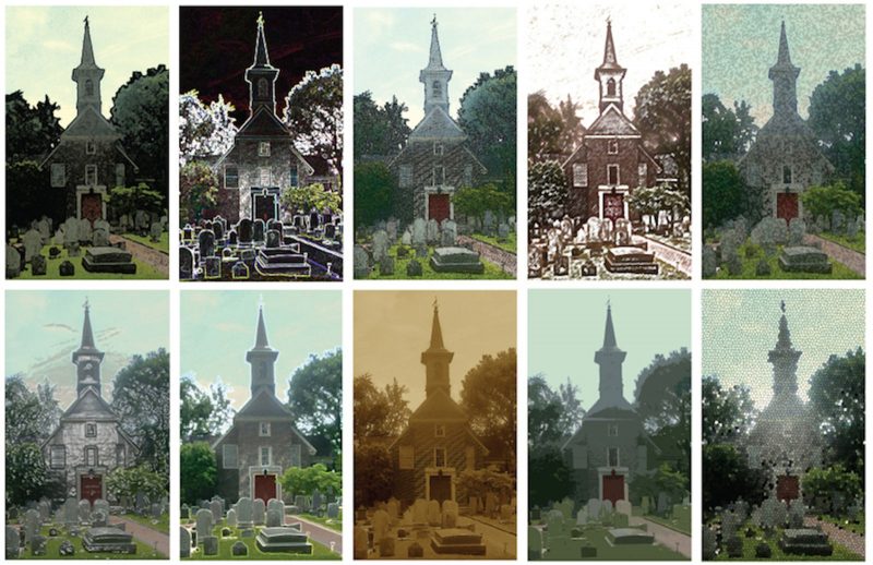 Multiple photos of a church with different effects on them.