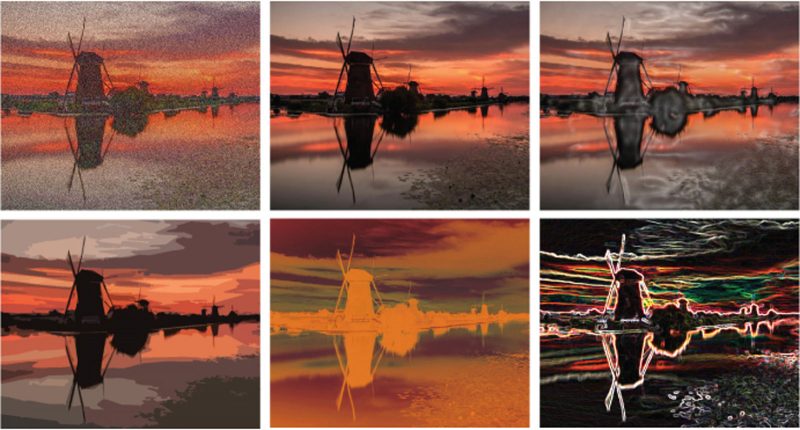 Multiple photos of a reflection on the water with different effects
