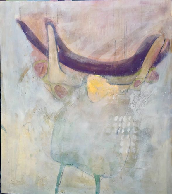 Abstract painting of a figure holding sheets above their head.