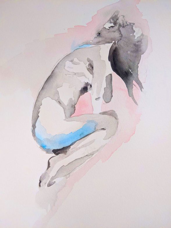Watercolor of a woman in the fetal position