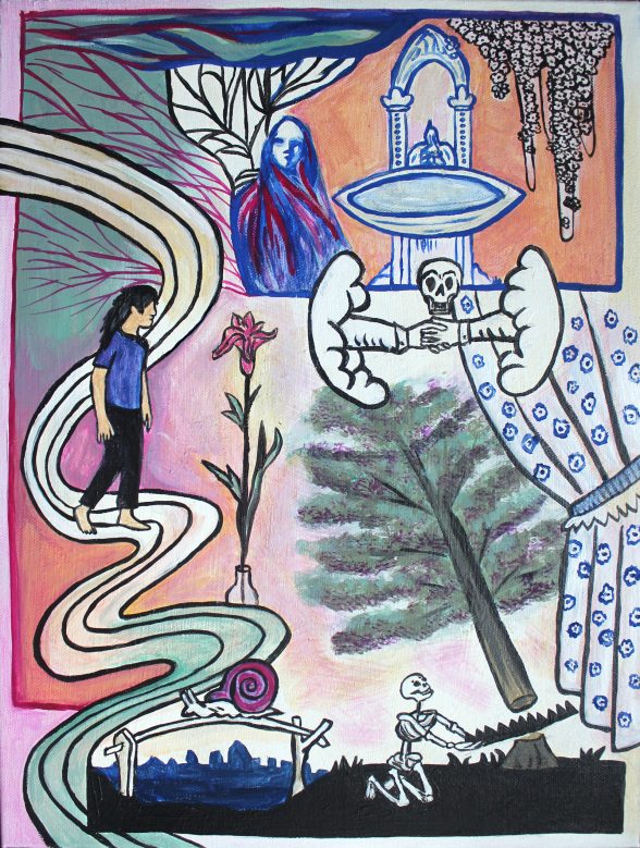 Painting of a figure walking down a path with trees and foundations and curtains in the background.