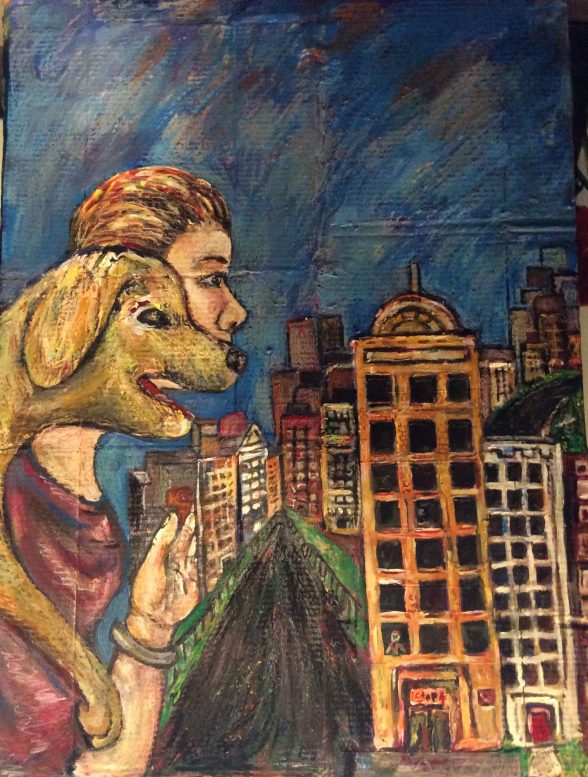 Painting of a girl and dog overlooking the city.