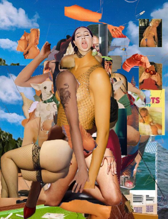 Collage of female figures, both nude and clothed, and magazines.