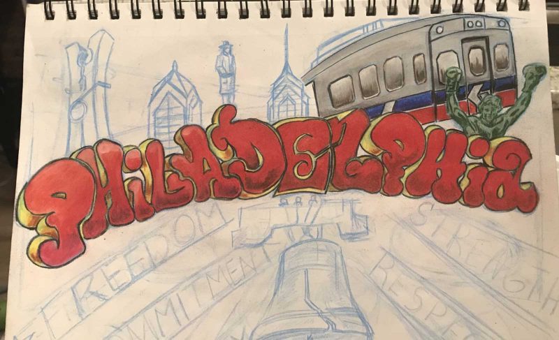 Drawing of the liberty bell, the el, and the skyline with "PHILADELPHIA" in graffiti tag font.