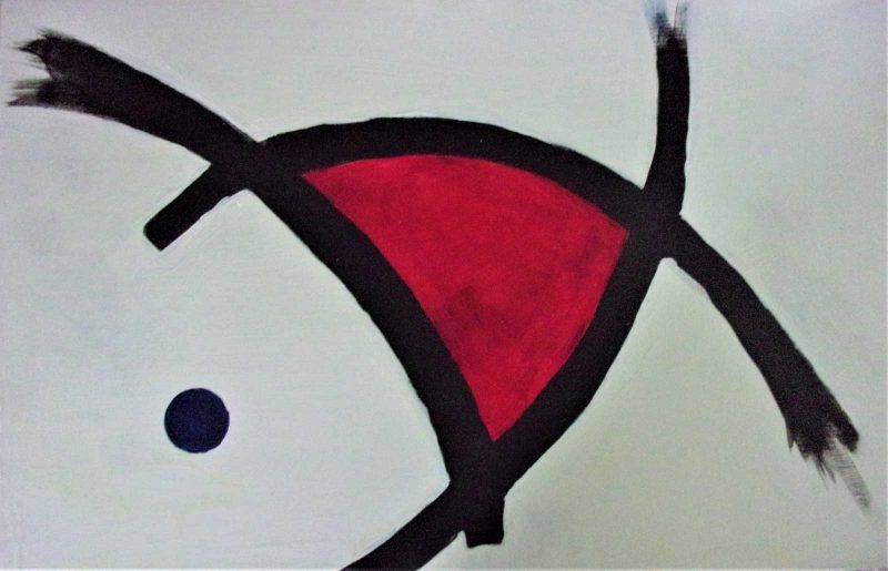 Painting of a red triangle with a black outline and a black circle nearby. 