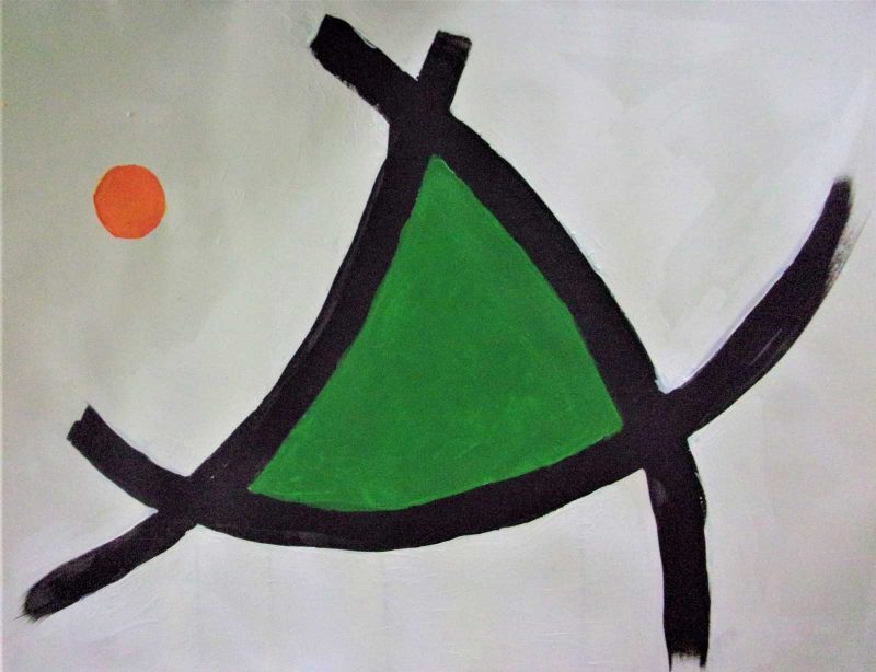 Painting of a green triangle with a black outline and an orange circle nearby. 