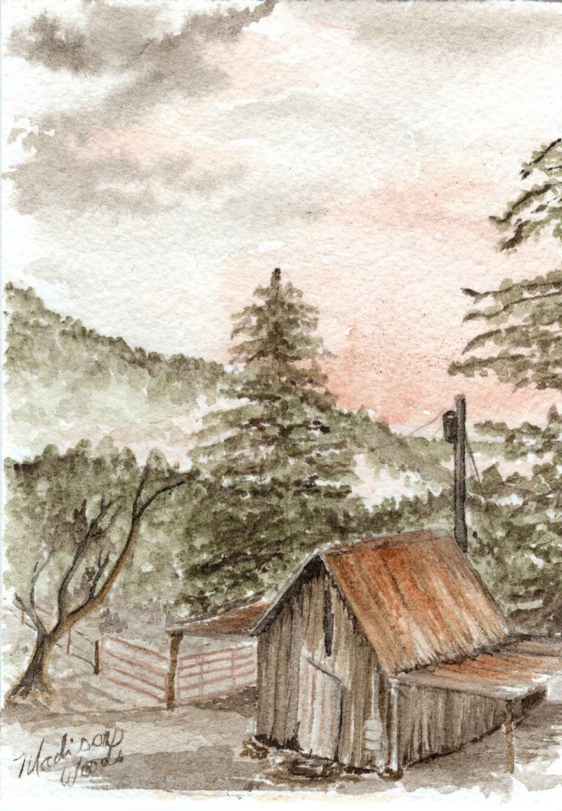 Watercolor of a cabin in the woods with a sunset in the sky.