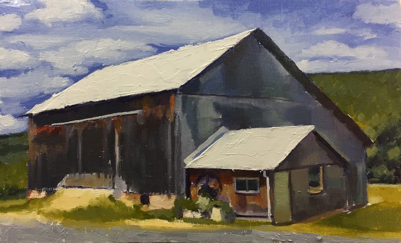 Painting of a white barn with a clear sky above.