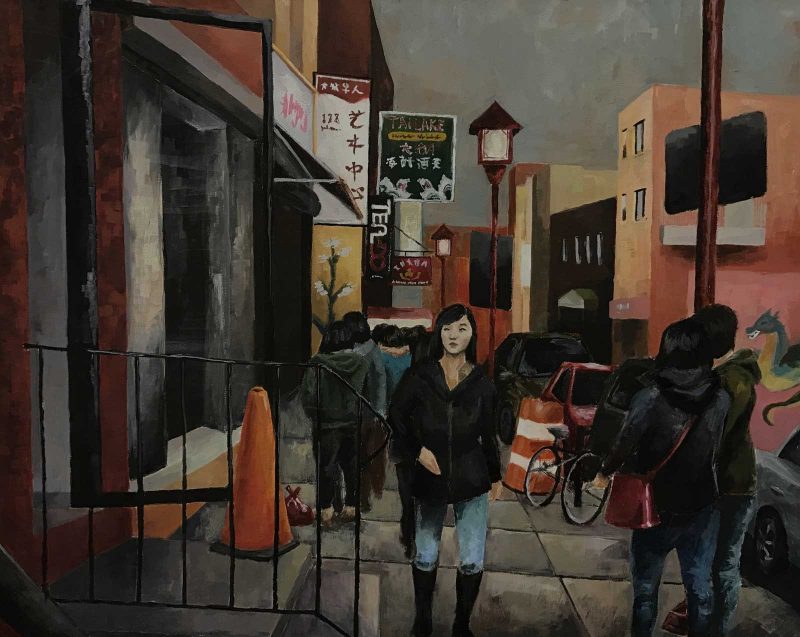 Painting of people walking down the street in Chinatown, Philadelphia.