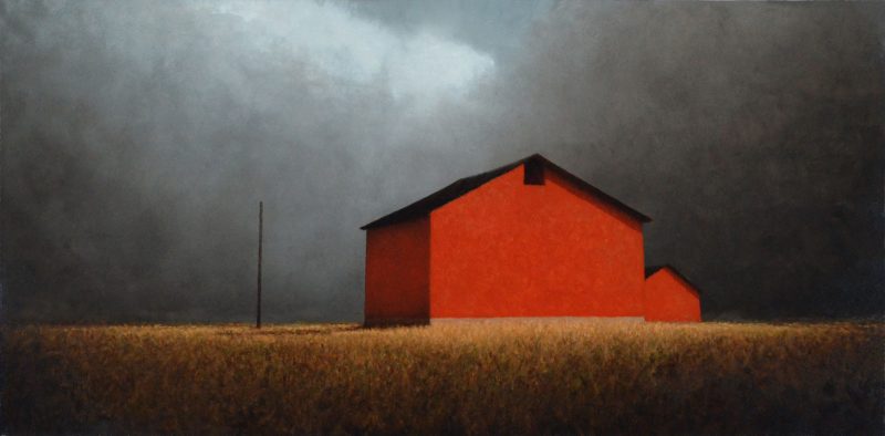 Painting of a red barn in a field of dead grass on a stormy day.