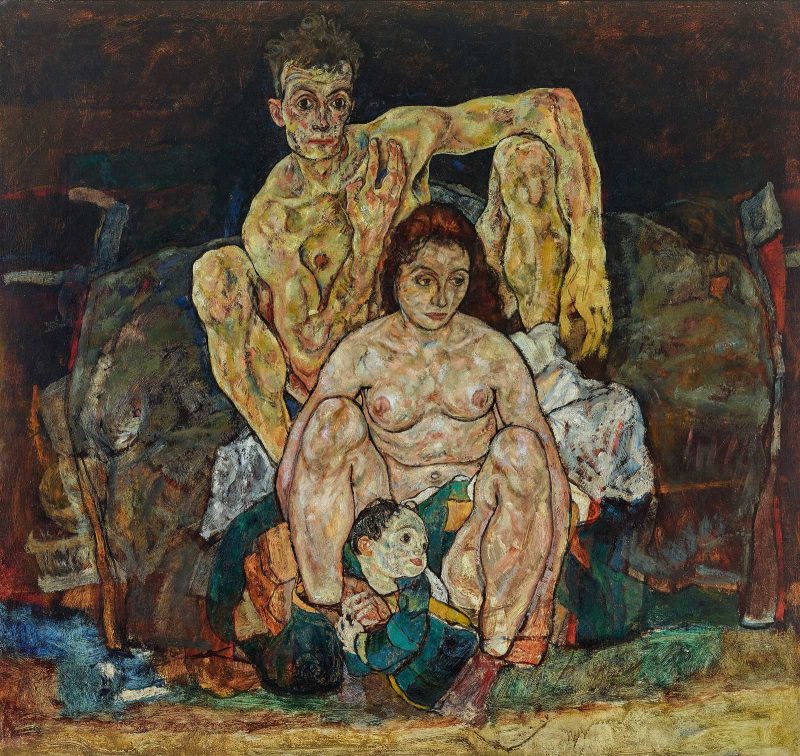 Painting of elongated nude figures sitting together, a female figure in the front seated with slumped posture, and a man behind her with his legs around her posing with an arm on his left leg.