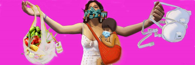 Illustration of a woman wearing a decorative mask carrying a child on her hip with arts outstretched holding groceries and white disposable masks.