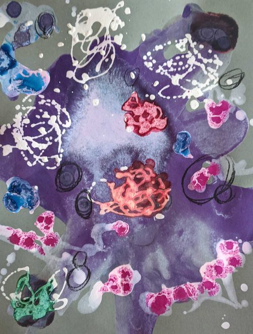 Abstract drawing of virus cells floating on top of a purple background.