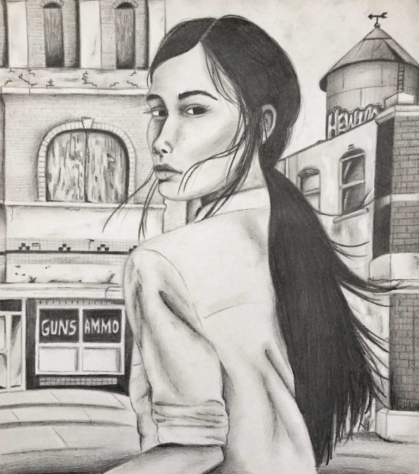 Graphite drawing of a woman walking towards a building and looking back over her shoaled towards the viewer.