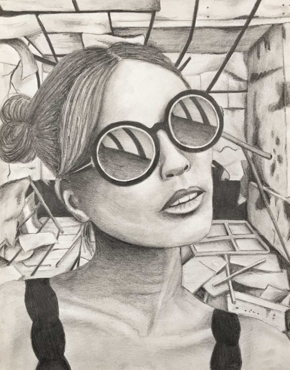 Graphite drawing of a woman wearing sunglasses standing in a room that has been dissheveled.