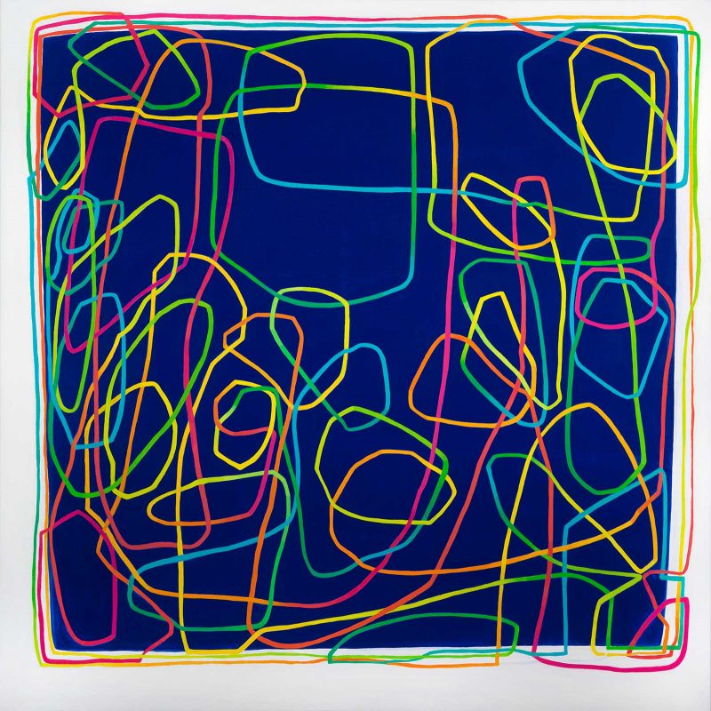 Abstract painting of a deep blue background with jumbled colorful lines tangling through the artwork.