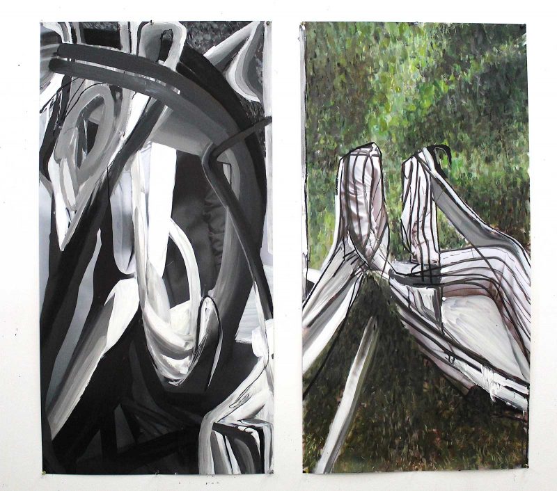 Diptych of black and white forms with a green background