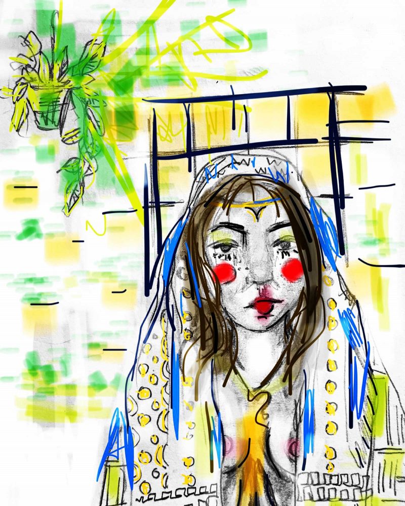 Marker drawing of a female figure from the chest up wearing a head piece and a slowly garment over her head with a plant in the background.