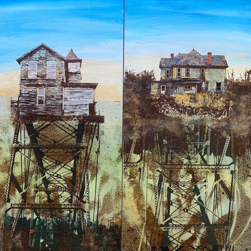 Diptych, painting of two houses on stilts.