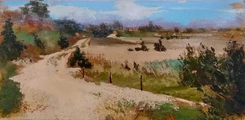 Landscape painting of a dirt road and some shrubbery.