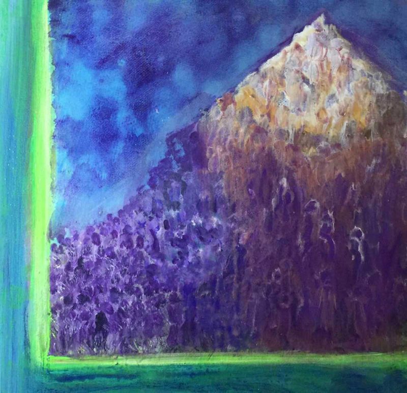 Painting of a purple triangle with a white tip on a black background with a green border.