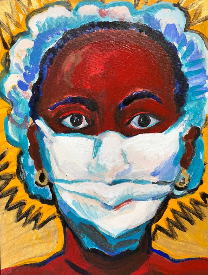 Painting of a headshot of a nurse wearing a mask and scrub ccab.