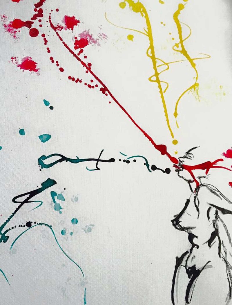 White canvas with splatters of red, yellow, black, and blue and a drawing of a nude female figure.